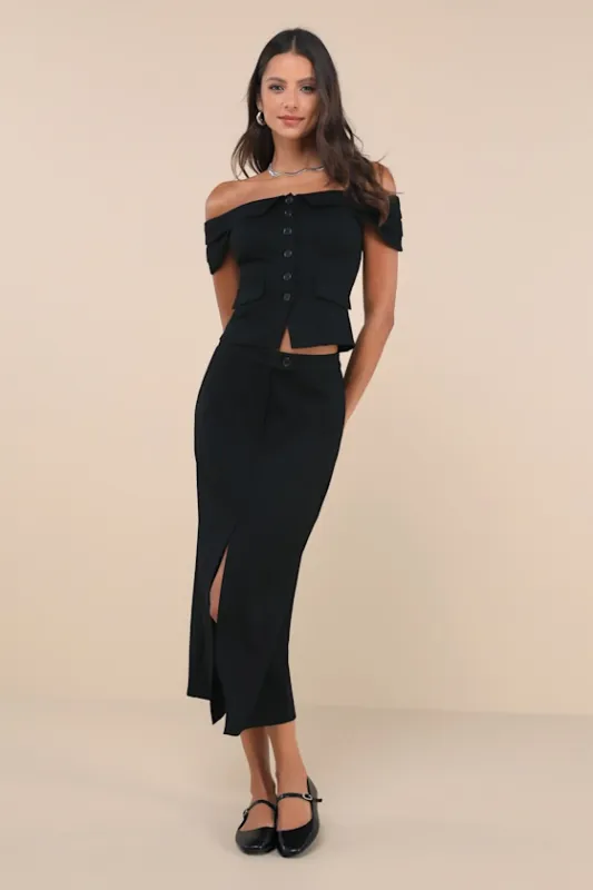 Enticingly Chic Black Off-the-Shoulder Two-Piece Midi Dress sold by Lulus