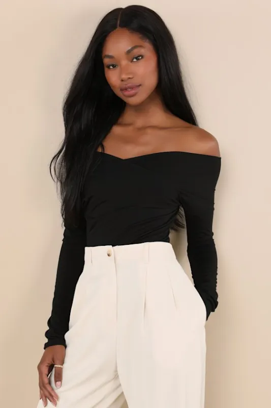 Designated Cutie Black Long Sleeve Surplice Top sold by Lulus