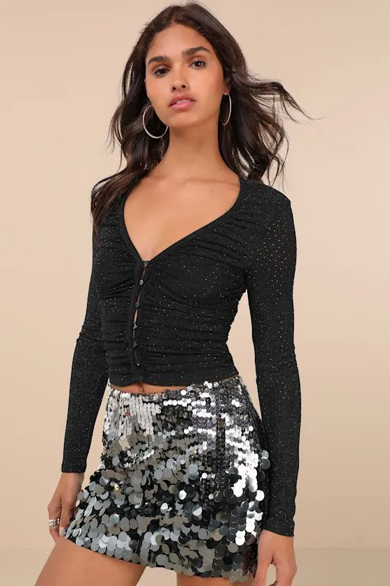 Shimmering Aesthetic Black Rhinestone Ruched Top sold by Lulus