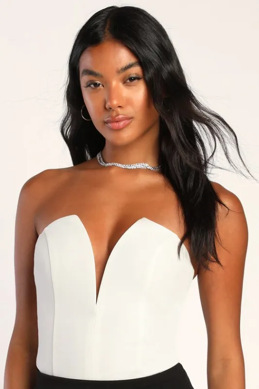 Babe Alert Ivory Notched Strapless Bodysuit sold by Lulus