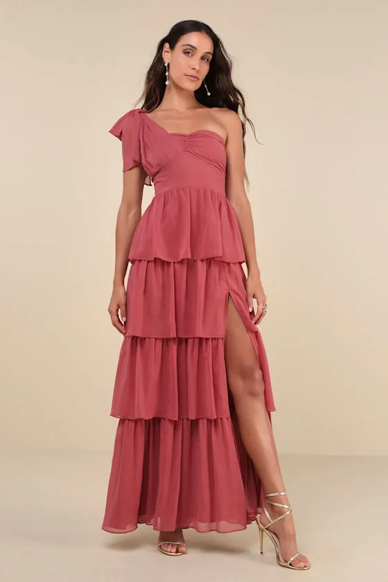 Elevated Vision Rusty Rose One-Shoulder Tiered Maxi Dress sold by Lulus