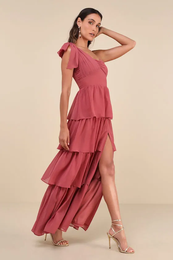 Elevated Vision Rusty Rose One-Shoulder Tiered Maxi Dress sold by Lulus product image thumbnail 4