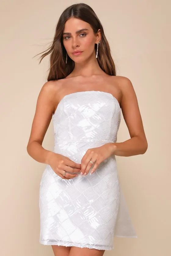 Exquisite Glamour White Mesh Sequin Strapless Bow Mini Dress sold by Lulus