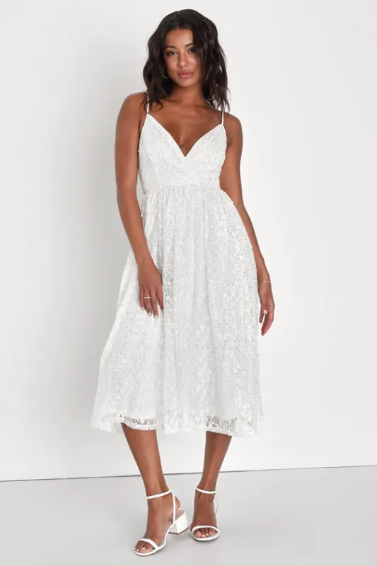 Dreamy Drama White Lace Sequin A-Line Midi Dress sold by Lulus