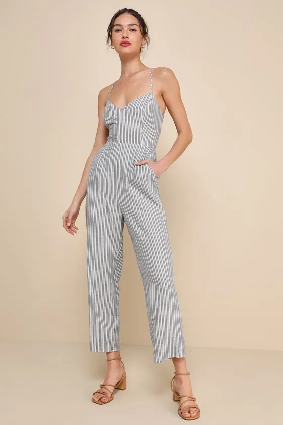 Charming Vacay Ivory and Blue Striped Lace-Up Jumpsuit sold by Lulus
