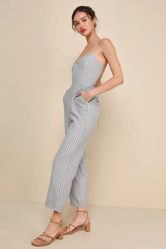 Charming Vacay Ivory and Blue Striped Lace-Up Jumpsuit sold by Lulus product image thumbnail 2
