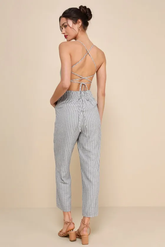 Charming Vacay Ivory and Blue Striped Lace-Up Jumpsuit sold by Lulus product image thumbnail 3