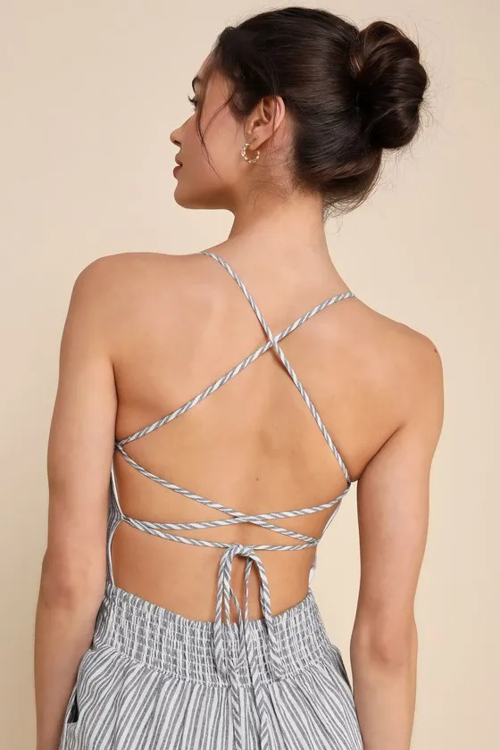 Charming Vacay Ivory and Blue Striped Lace-Up Jumpsuit sold by Lulus product image thumbnail 4