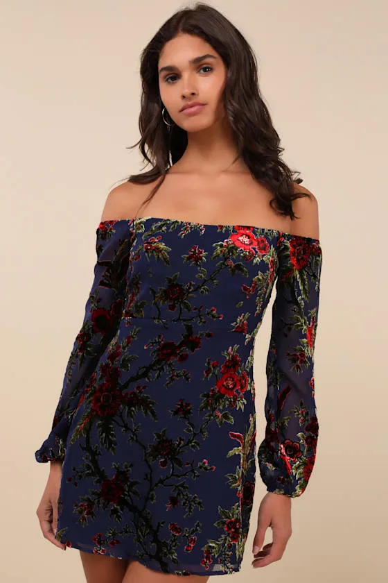 Magnificent Charm Navy Velvet Off-the-Shoulder Mini Dress sold by Lulus