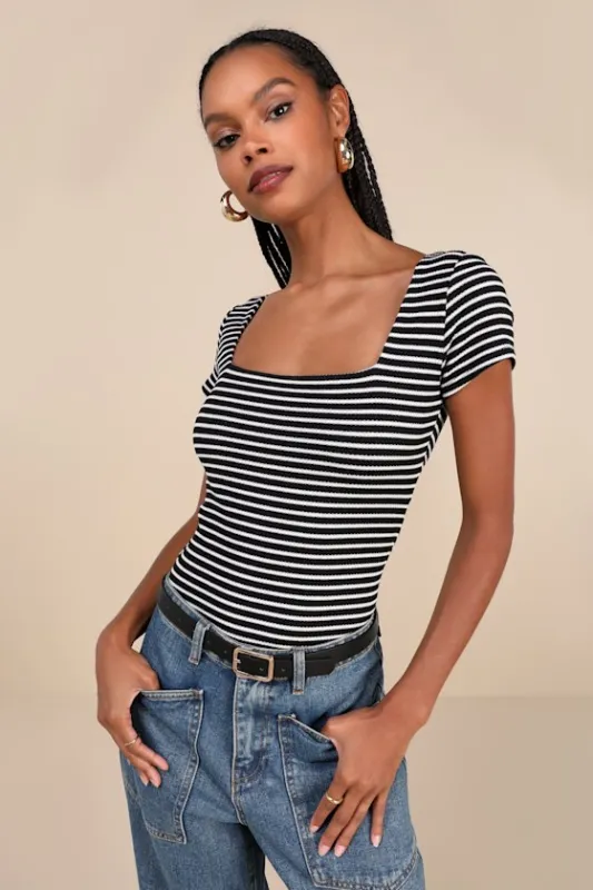 Casual Adventures Black Striped Ribbed Short Sleeve Bodysuit sold by Lulus