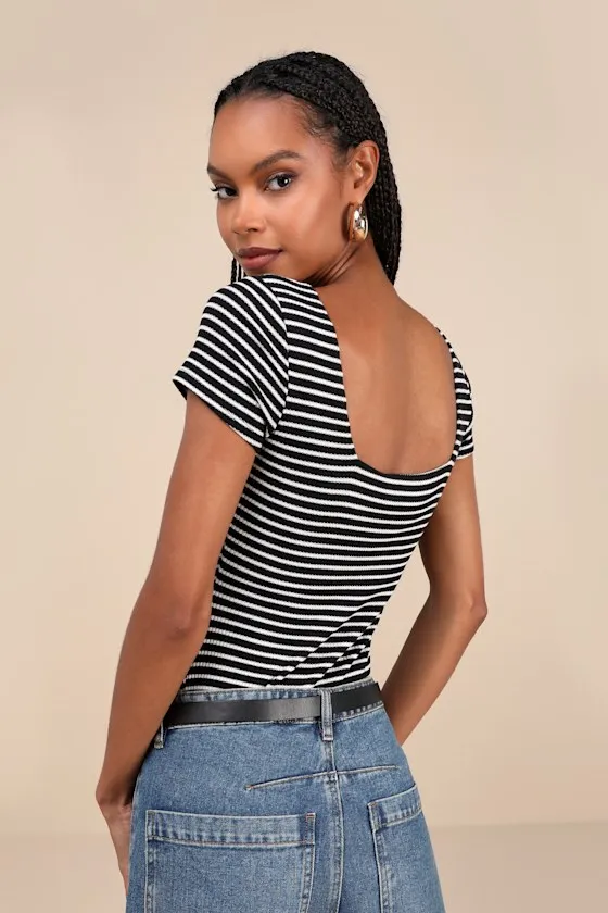 Casual Adventures Black Striped Ribbed Short Sleeve Bodysuit sold by Lulus product image thumbnail 2