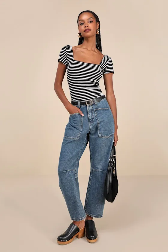 Casual Adventures Black Striped Ribbed Short Sleeve Bodysuit sold by Lulus product image thumbnail 3