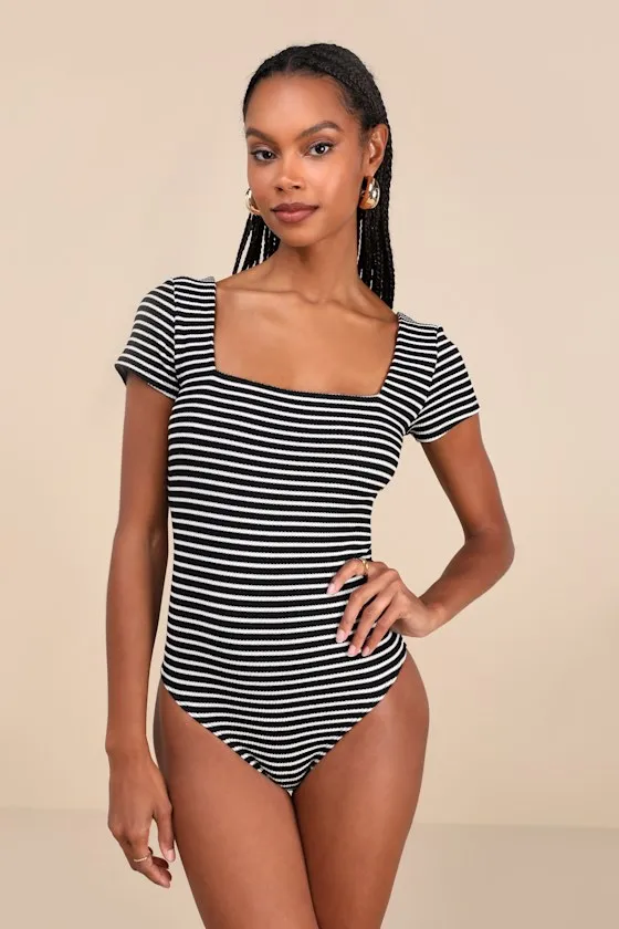 Casual Adventures Black Striped Ribbed Short Sleeve Bodysuit sold by Lulus product image thumbnail 4