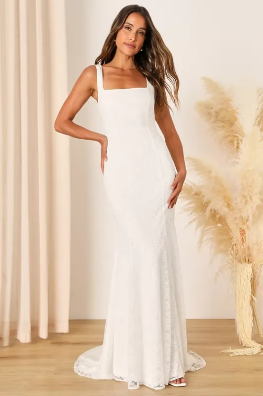 Eternal Happiness White Lace Square Neck Mermaid Maxi Dress sold by Lulus