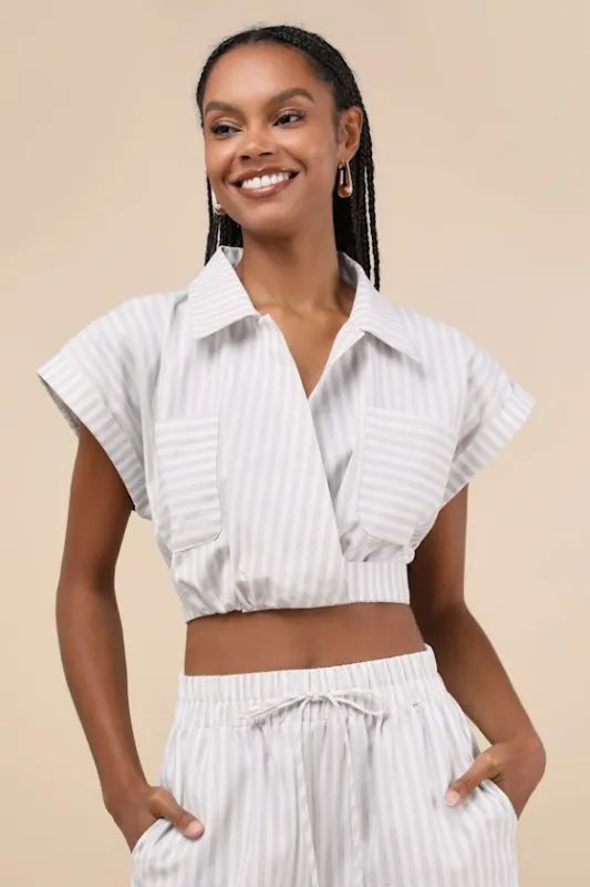 Ideal Breeze Ivory and Beige Striped Collared Surplice Crop Top sold by Lulus