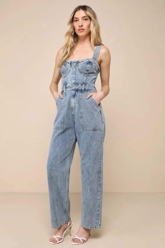 Fresh Perfection Light Wash Bustier Sleeveless Denim Jumpsuit sold by Lulus