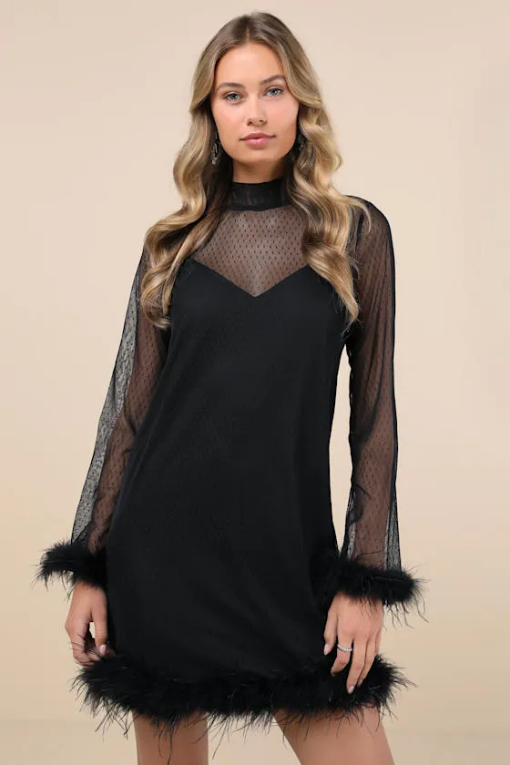 Immaculate Charisma Black Mesh Feather Long Sleeve Mini Dress sold by Lulus