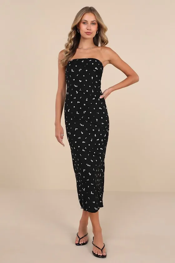 Summery Spirit Black Floral Ribbed Strapless Midi Dress sold by Lulus