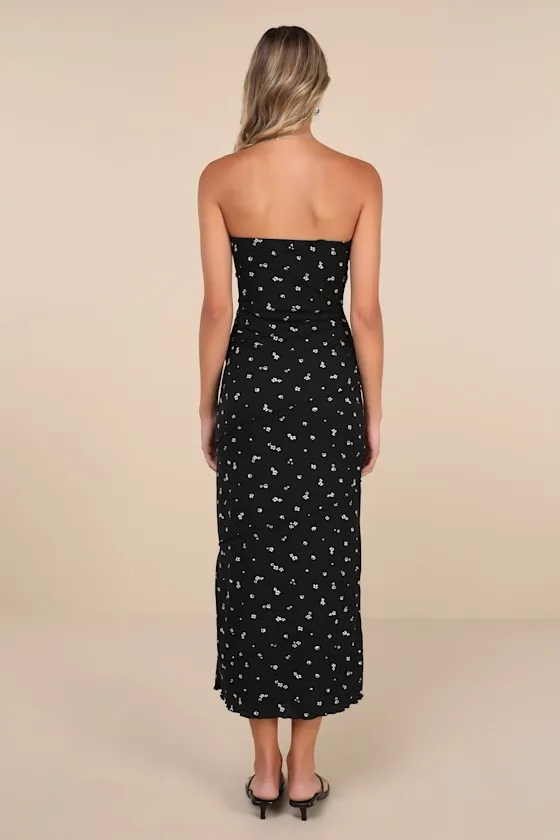 Summery Spirit Black Floral Ribbed Strapless Midi Dress sold by Lulus product image thumbnail 2