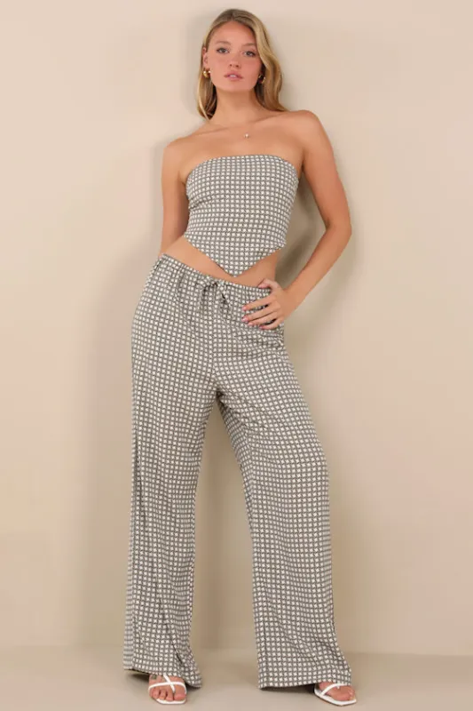 Carefree Agenda Sage Green Geometric Print Drawstring Pants sold by Lulus