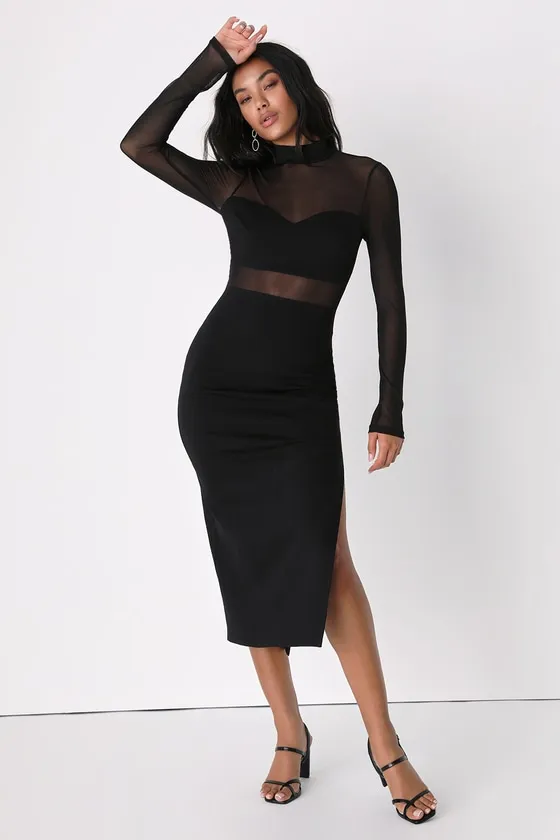 Sensational Soiree Black Mesh Long Sleeve Bodycon Midi Dress sold by Lulus product image thumbnail 3