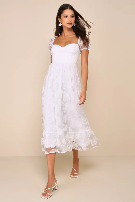 Notable Elegance White Mesh Floral Applique Bustier Midi Dress sold by Lulus