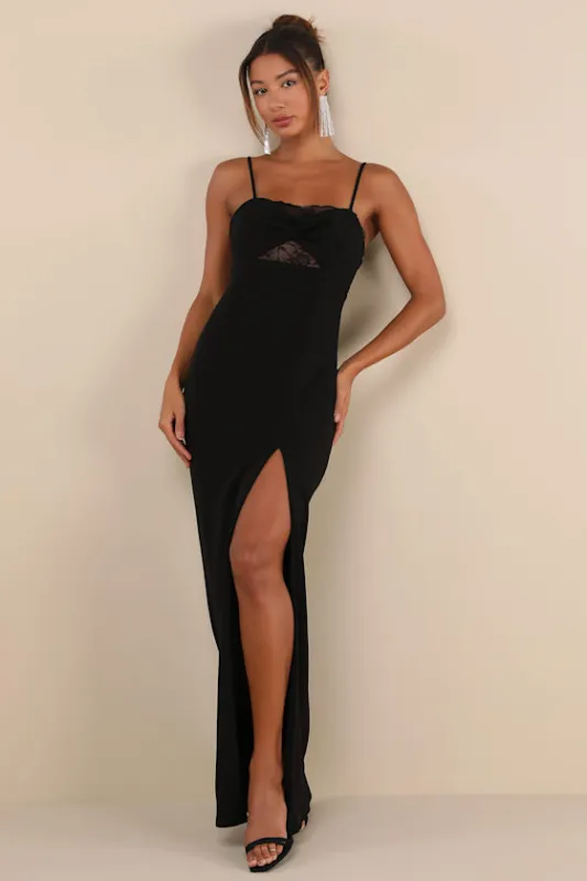 Exceptional Stunner Black Lace Twist-Front Maxi Dress sold by Lulus