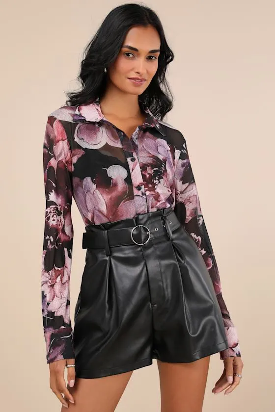 Sleek Blossom Plum and Black Floral Sheer Mesh Button-Up Top sold by Lulus