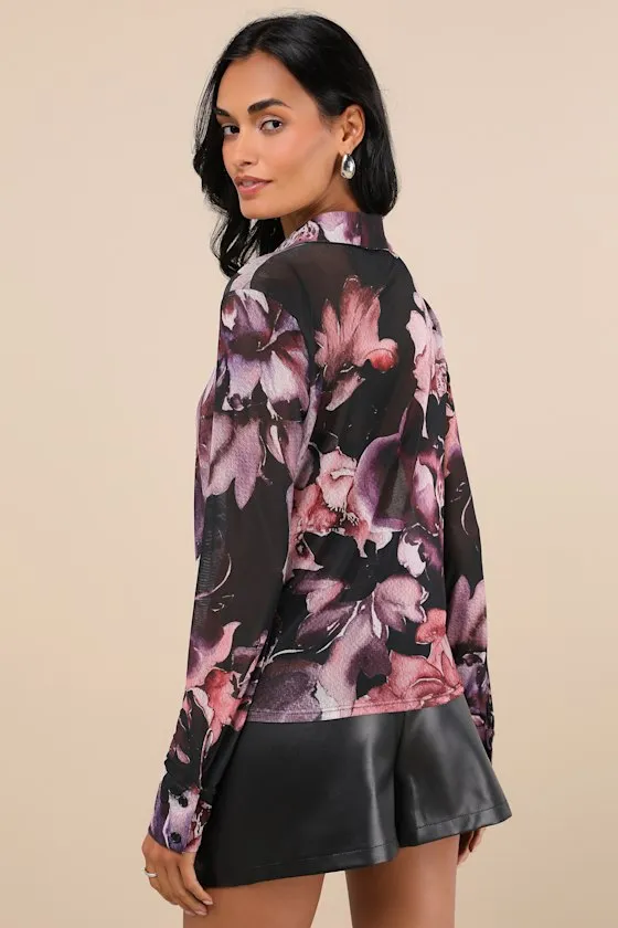 Sleek Blossom Plum and Black Floral Sheer Mesh Button-Up Top sold by Lulus product image thumbnail 2