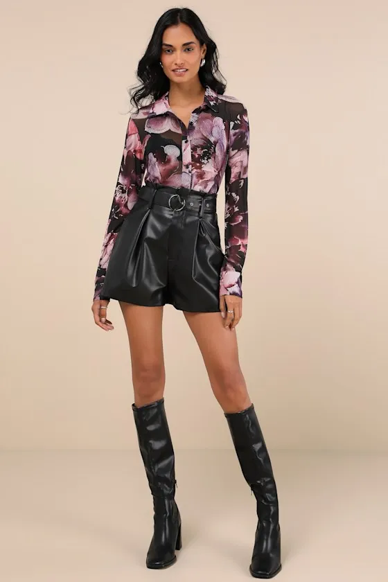 Sleek Blossom Plum and Black Floral Sheer Mesh Button-Up Top sold by Lulus product image thumbnail 3