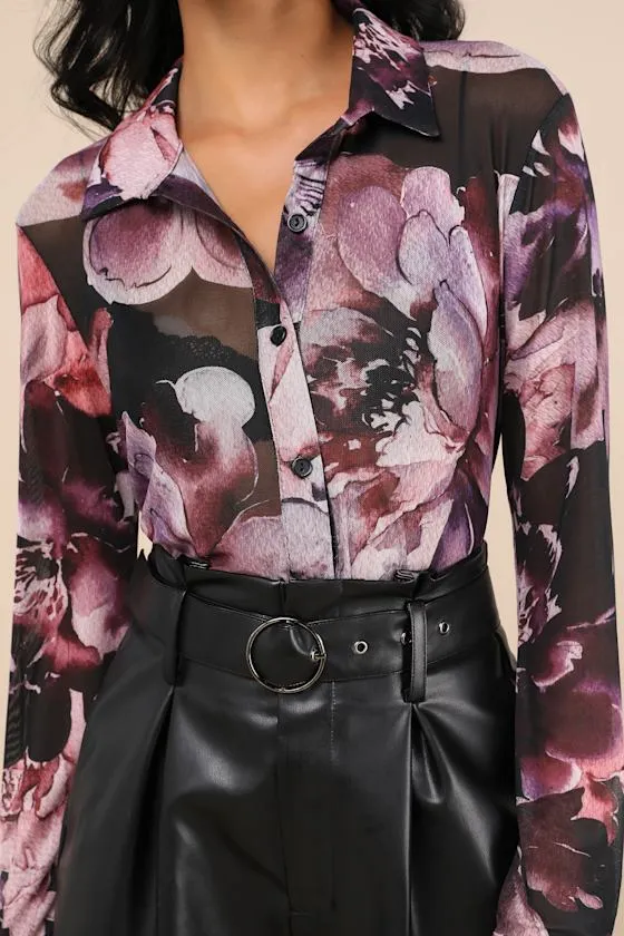 Sleek Blossom Plum and Black Floral Sheer Mesh Button-Up Top sold by Lulus product image thumbnail 4