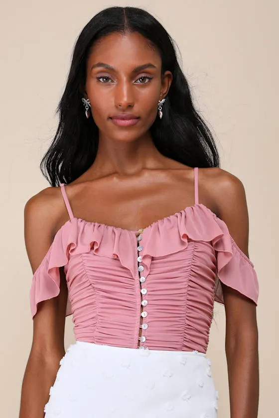 Elegant Posture Mauve Pink Mesh Ruched Cold-Shoulder Bodysuit sold by Lulus