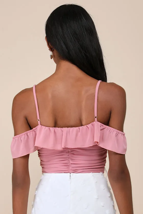 Elegant Posture Mauve Pink Mesh Ruched Cold-Shoulder Bodysuit sold by Lulus product image thumbnail 2