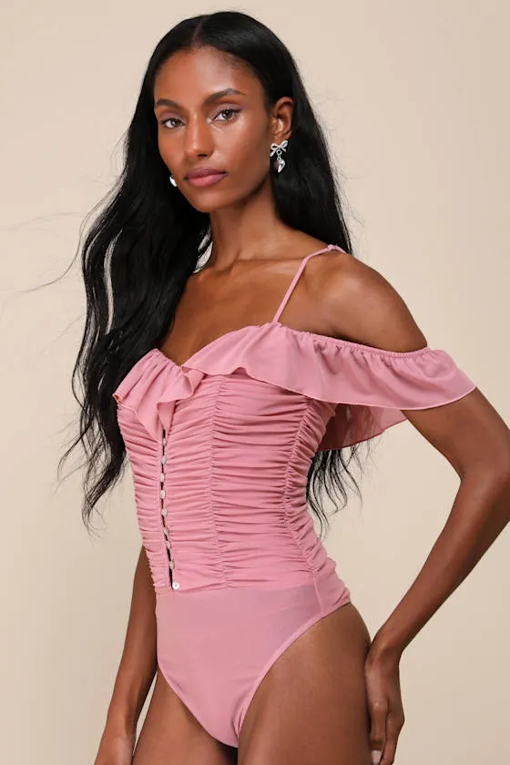 Elegant Posture Mauve Pink Mesh Ruched Cold-Shoulder Bodysuit sold by Lulus product image thumbnail 4