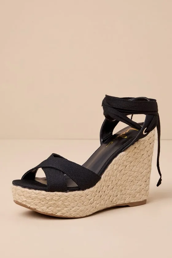 Esme Black Lace-Up Espadrille Wedges sold by Lulus