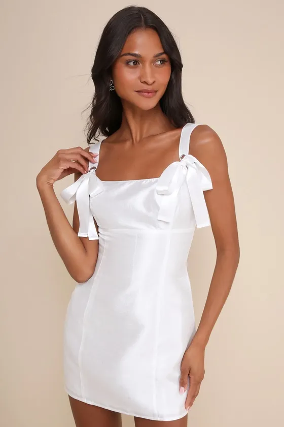 Exceptionally Precious Shiny White Ribbon Bow Mini Dress sold by Lulus