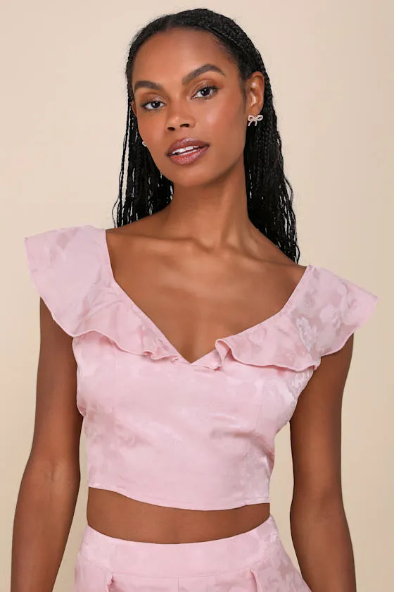 Exemplary Cutie Light Pink Satin Jacquard Ruffled Crop Top sold by Lulus