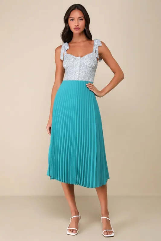 Charming Motivation Turquoise Pleated High-Waisted Midi Skirt sold by Lulus
