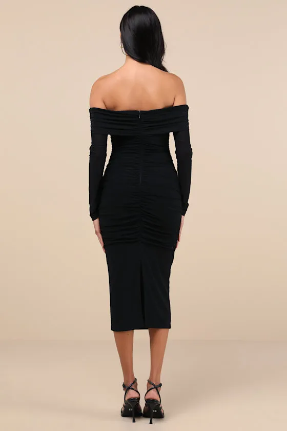 Valda Black Mesh Ruched Off-the-Shoulder Midi Dress sold by Lulus product image thumbnail 2