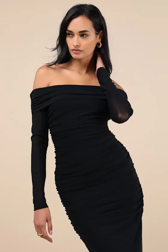 Valda Black Mesh Ruched Off-the-Shoulder Midi Dress sold by Lulus product image thumbnail 3