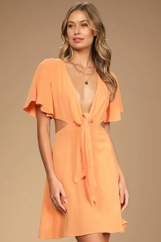 Perfect Day for Love Peach Cutout Tie-Front Mini Dress sold by Lulus product image thumbnail 3