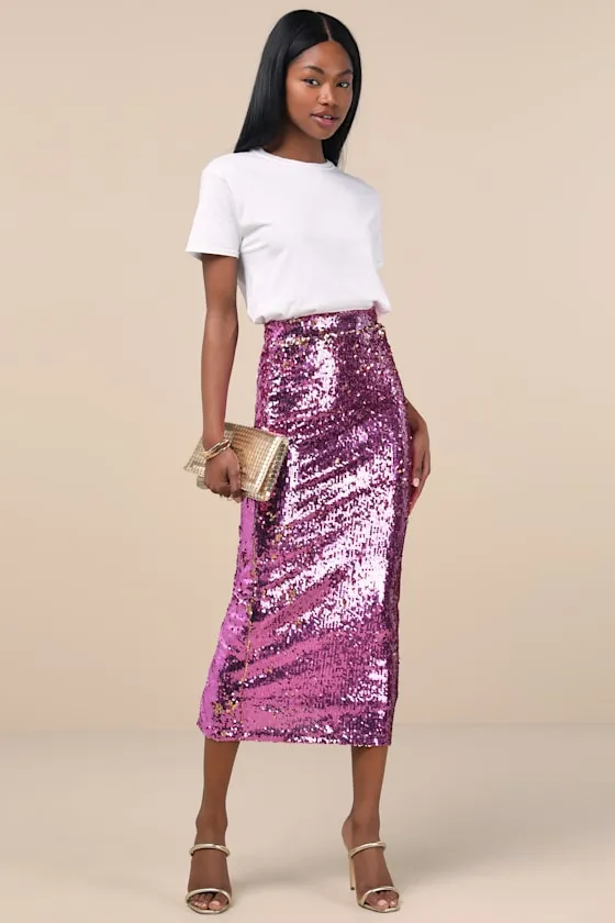Dazzling Appearance Pink Sequin High Rise Midi Skirt sold by Lulus