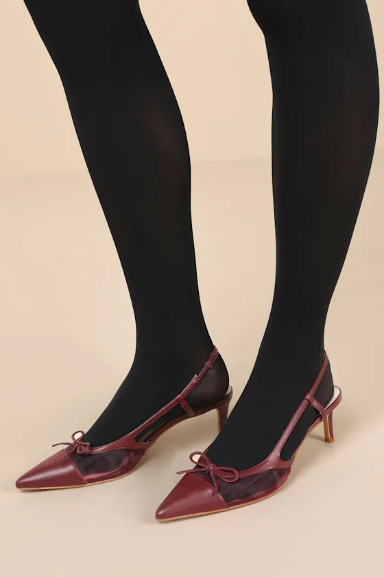 Kandi Maroon Mesh Leather Bow Slingback Pumps sold by Lulus