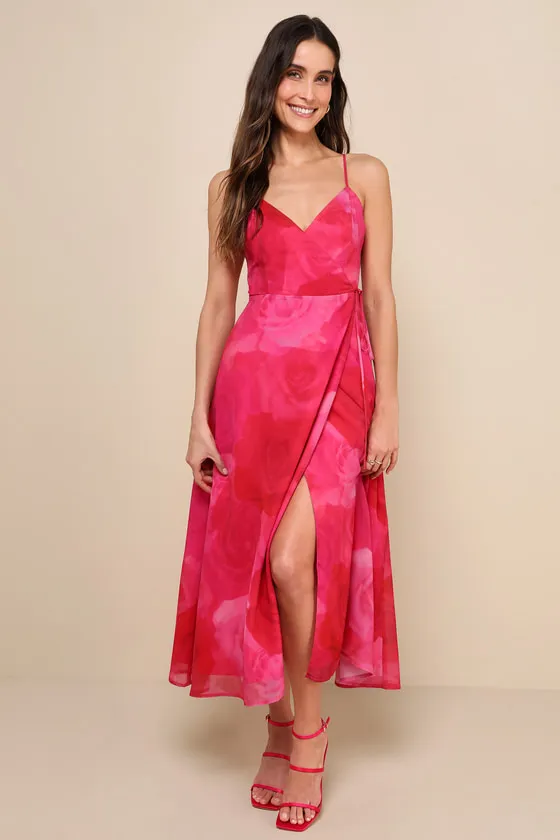 Radiant Perfection Hot Pink Floral Print Wrap Midi Dress sold by Lulus