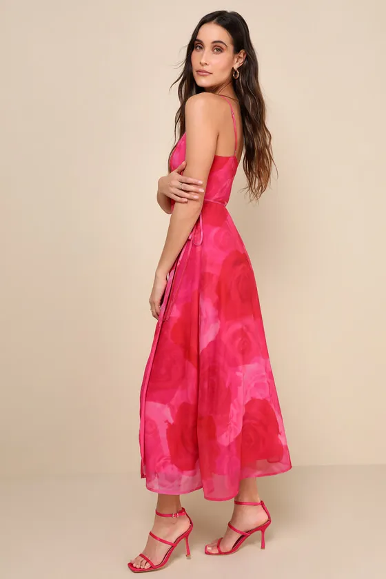 Radiant Perfection Hot Pink Floral Print Wrap Midi Dress sold by Lulus product image thumbnail 2