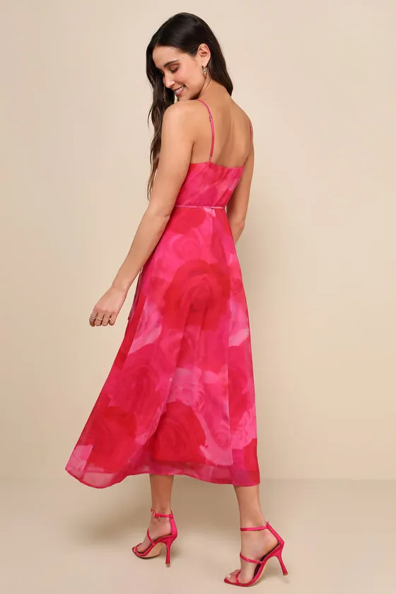 Radiant Perfection Hot Pink Floral Print Wrap Midi Dress sold by Lulus product image thumbnail 3