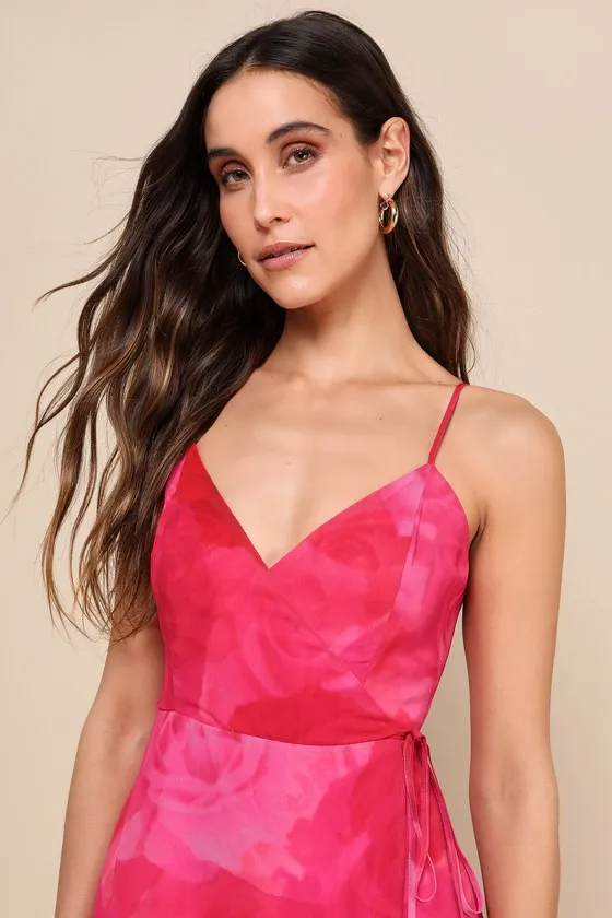 Radiant Perfection Hot Pink Floral Print Wrap Midi Dress sold by Lulus product image thumbnail 4