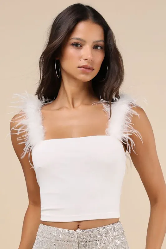 Fabulous Attraction White Feather Cropped Tank Top sold by Lulus