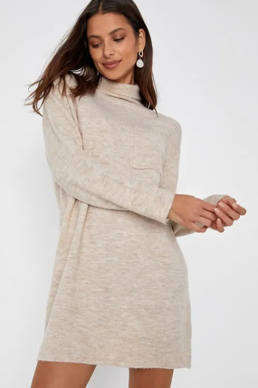 Positively Charming Heather Beige Turtleneck Mini Sweater Dress sold by Lulus