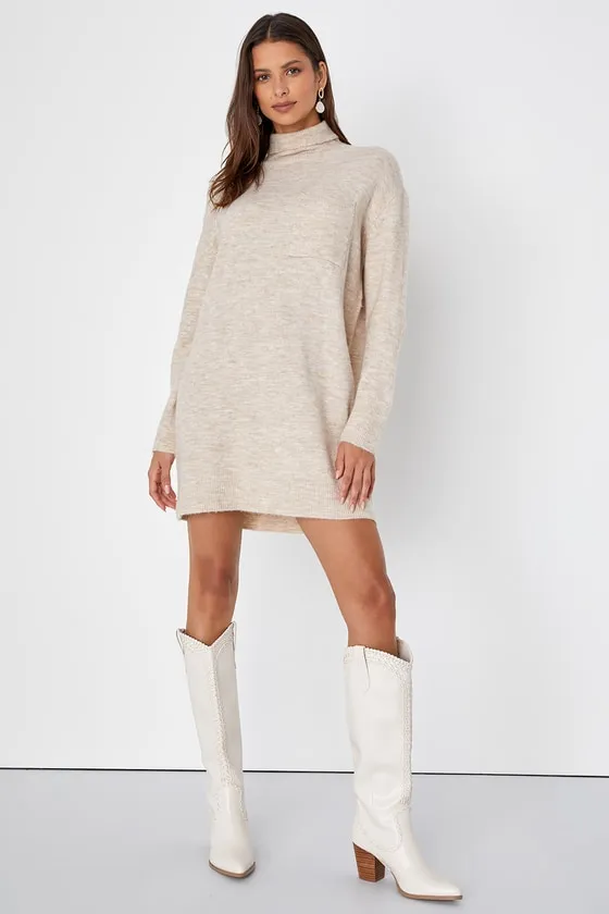 Positively Charming Heather Beige Turtleneck Mini Sweater Dress sold by Lulus product image thumbnail 2